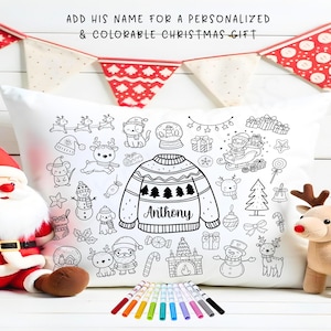 Christmas Color Me Personalized Pillowcase + Fabric Markers, Custom Name Gift for Boys, DIY Holiday Activity, Slumber Party Sleepover Favor