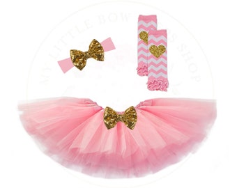 Baby Girl Pink Tutu Set - Sequin Bow - Legwarmers - Toddler Tutu Set - Ballet Dance Tutu with Bow - 1st Birthday Skirt - Dance Recital Tutu