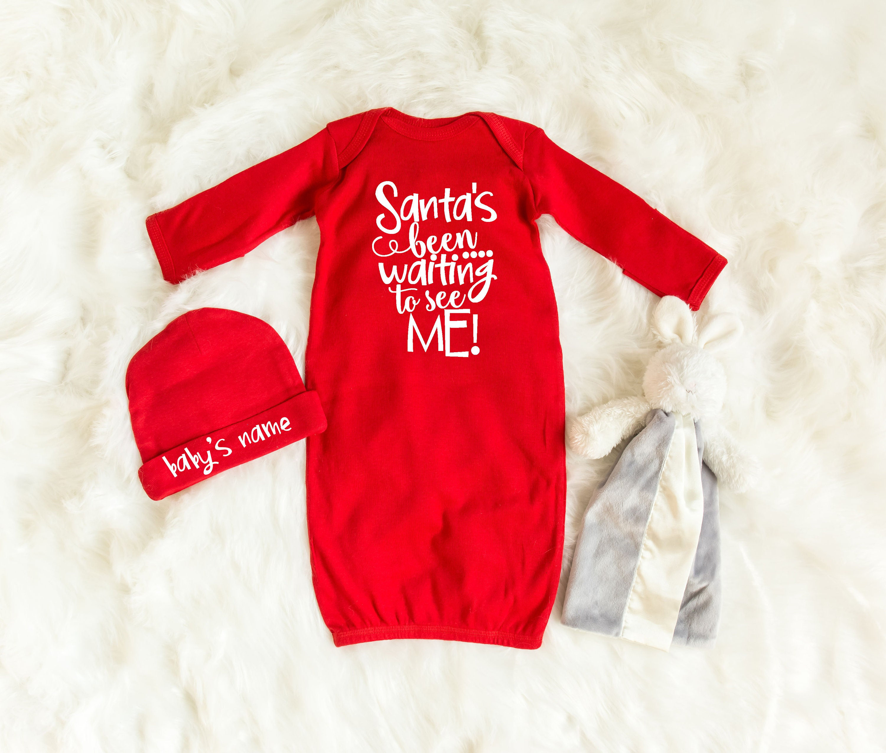 Christmas Sleeper - Santa Baby Pajamas - My 1st Christmas - Beanie with Name - Baby Layette Set - Newborn Gown - Coming Home Outfit