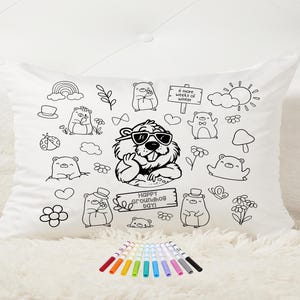Taie d'oreiller Color Me Jour de la marmotte + marqueurs de tissu, cadeau bricolage pour enfants, activité de vacances pour enfants, cadeau de fête pyjama, coloriage personnalisé amusant
