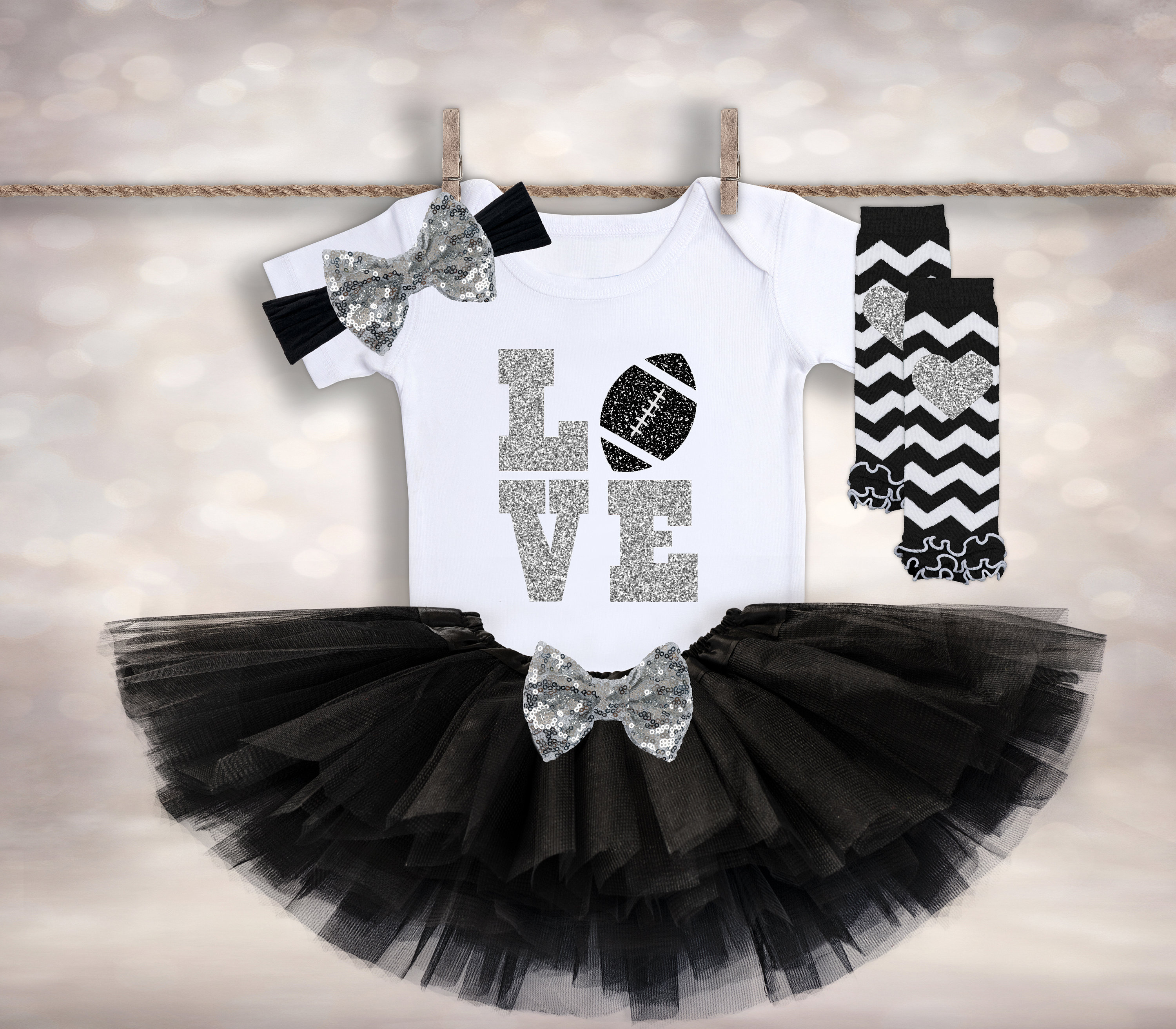 Cutest Football Fan Onesie® - Los Angeles Baby Outfit - Tutus and Touchdowns - Black and Silver Tutu - Football Onesie® - Gender Reveal Idea