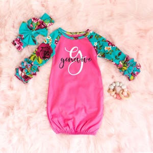 Custom Baby Girl Gown – Monogrammed Newborn Gown – Baby Girl Coming Home Outfit – Personalized Layette – Headband Bow - Baby Shower Gift Set