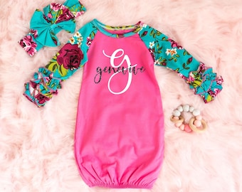 Custom Baby Girl Gown – Monogrammed Newborn Gown – Baby Girl Coming Home Outfit – Personalized Layette – Headband Bow - Baby Shower Gift Set