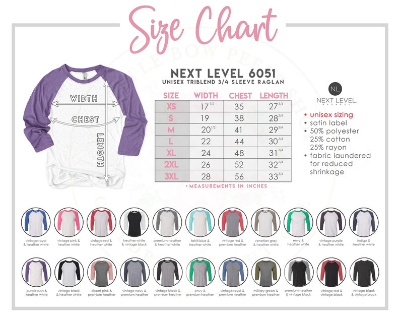 May include: Size chart for a unisex 3/4 sleeve raglan t-shirt. The chart shows the width, chest, and length measurements in inches for sizes XS to 3XL. The chart also includes information about the fabric composition and care instructions. The image shows a variety of color options for the t-shirt.