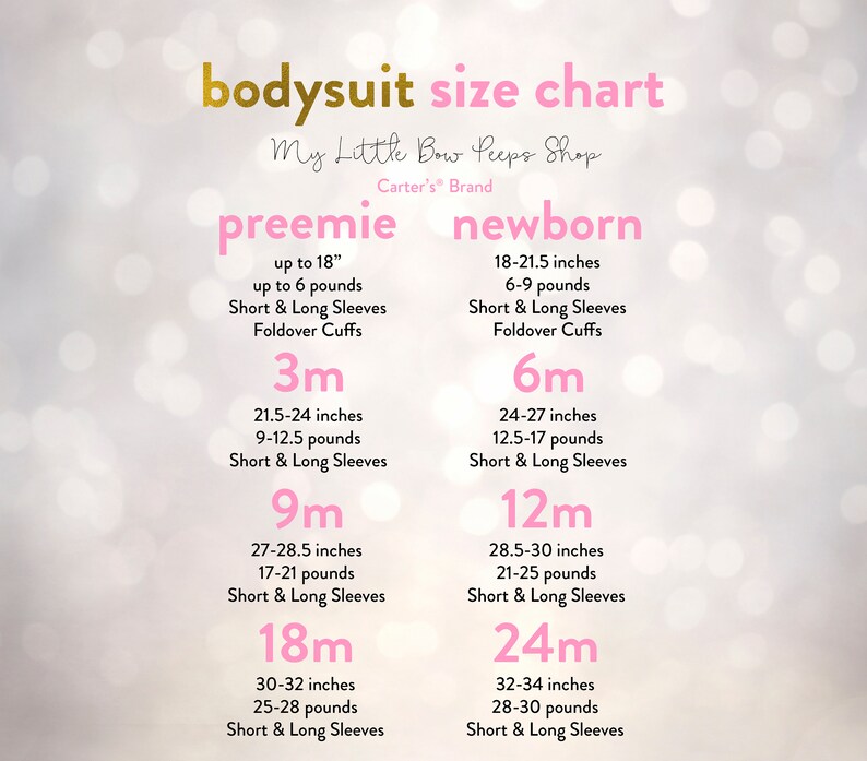 Puede incluir: Un gr&aacute;fico rosa y blanco con el t&iacute;tulo "bodysuit size chart" y el texto "My Little Bow Peeps Shop Carter's Brand". El gr&aacute;fico enumera diferentes tallas de bodys para beb&eacute;s con los rangos de edad, los rangos de peso y las longitudes de las mangas correspondientes. Las tallas enumeradas son prematuro, reci&eacute;n nacido, 3m, 6m, 9m, 12m, 18m y 24m.