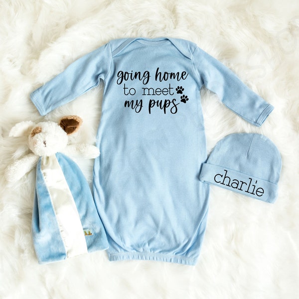 Boys Cute Coming Home Outfit - Baby Boy Pajamas - Going Home to Meet My Pups - Baby Boy Layette - Beanie with Name - Pregnancy Reveal