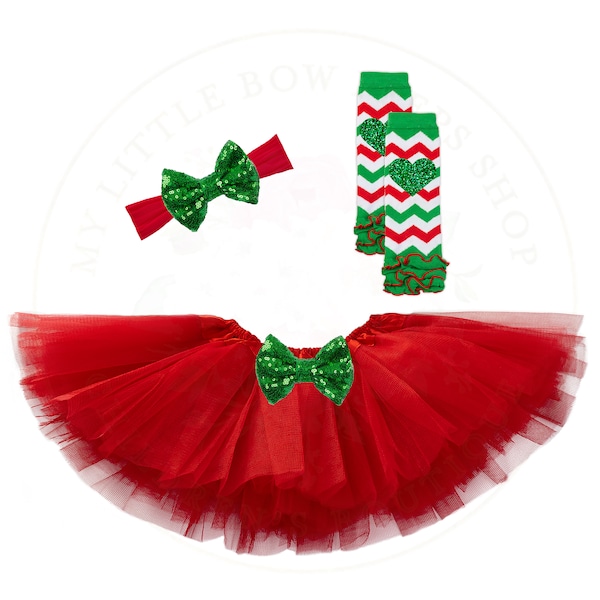 Conjunto de tutú de Navidad, conjunto de diadema de tutú, 1er traje de Navidad, accesorio fotográfico de Navidad, conjunto de 3 piezas, calentadores de piernas de Navidad, conjunto de arco navideño de lentejuelas