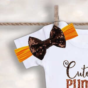May include: A white onesie with the text "Cute as a Pumpkin" in brown glitter. A brown sequined bow is attached to an orange headband.