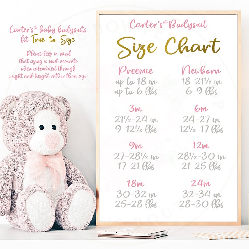 May include: A white chart with gold text outlining a size chart for Carter's baby bodysuits. The chart lists sizes from preemie to 24 months with corresponding height and weight ranges in inches and pounds.
