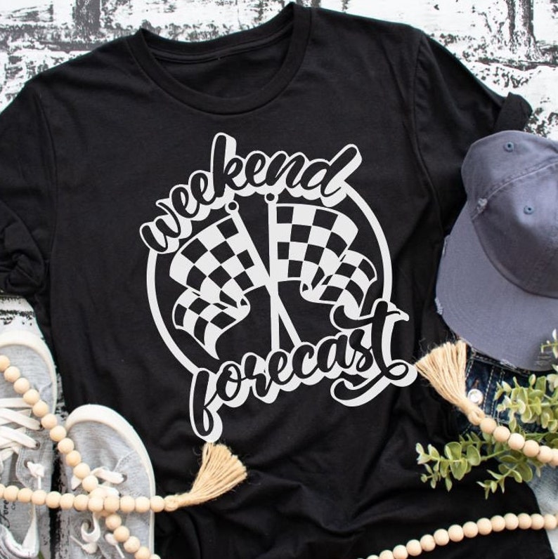 May include: Black t-shirt with a white graphic design of chequered flags and the text "weekend forecast".