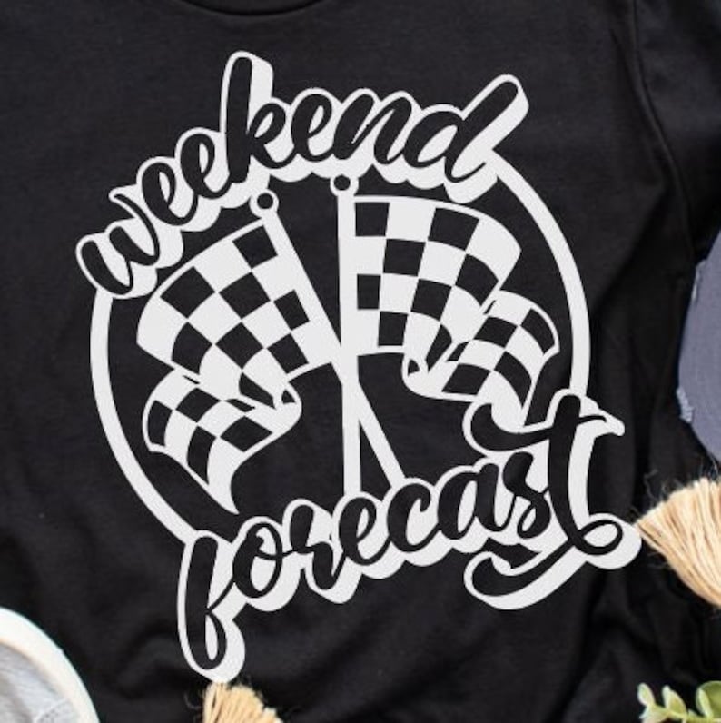 May include: Black and white graphic design on a black t-shirt with the text "weekend forecast" and two chequered flags.