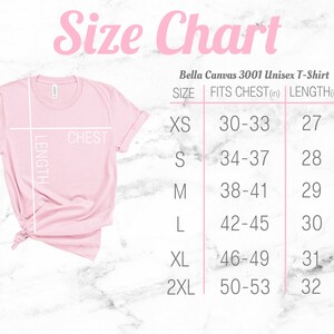 K&ouml;nnte beinhalten: Gr&ouml;&szlig;entabelle f&uuml;r das Bella Canvas 3001 Unisex T-Shirt. Die Tabelle zeigt die Gr&ouml;&szlig;e, den Brustumfang in Zoll und die L&auml;nge in Zoll. Die Gr&ouml;&szlig;en umfassen XS, S, M, L, XL und 2XL.