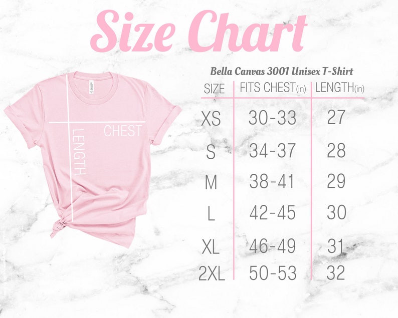 K&ouml;nnte beinhalten: Gr&ouml;&szlig;entabelle f&uuml;r das Bella Canvas 3001 Unisex T-Shirt. Die Tabelle zeigt die Gr&ouml;&szlig;e, den Brustumfang in Zoll und die L&auml;nge in Zoll. Die Gr&ouml;&szlig;en umfassen XS, S, M, L, XL und 2XL.