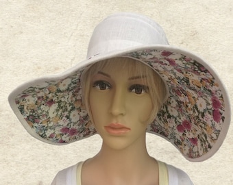 Linen Wide Brim Sun Hat: White Summer Beach Hat
