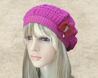 Lavender Pink Knit Beret: Wool Blend Fall Hat