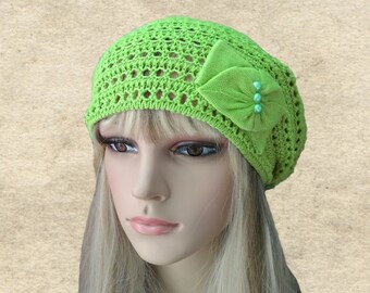 Lace Cotton Summer Beret: Lightweight Knitted Hat
