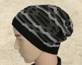 Gray Wool Blend Slouchy Beanie with Fleece Lining