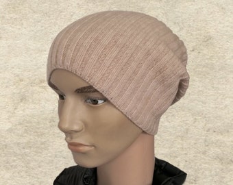 Beige Slouchy Wool Blend Beanie - Men's Winter Knit Hat
