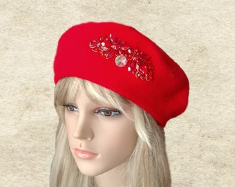 Red Wool Felted Beret: Embellished Winter Hat