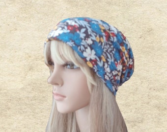 Blue Floral Slouchy Beanie: Lightweight Polyester Hat
