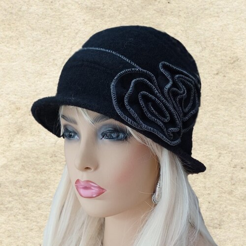 Women's Winter Hat Black Cloche Hats Winter Felted Hat Etsy
