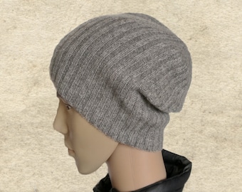 Graue Wollmischung Slouchy Beanie - Winter Herren Strickmütze