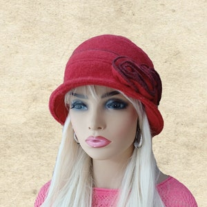 Wool Felted Cloche Hat: Winter Beanie with Flower Detail