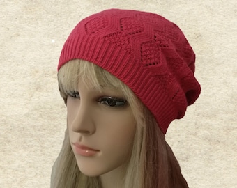 Pink Knitted Slouchy Beanie: Wool Blend Boho Hat