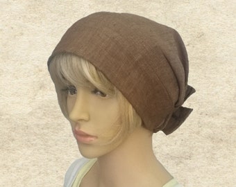 Pre-Tied Linen Head Wrap: Brown Summer Bandana Hat