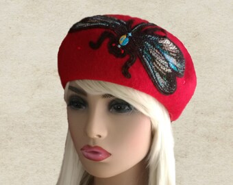 Red Wool Beret: Dragonfly Print, Trendy Women's Hat