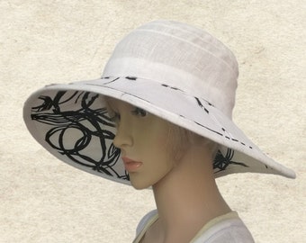 White Linen Wide Brim Sun Hat: Ladies Summer Derby Hat