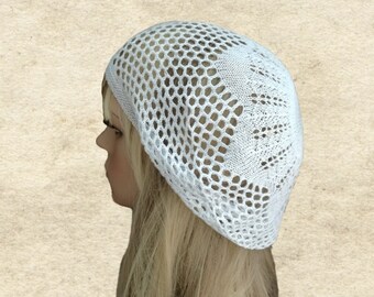 White Cotton Knit Beret: Lightweight Summer Sun Cap