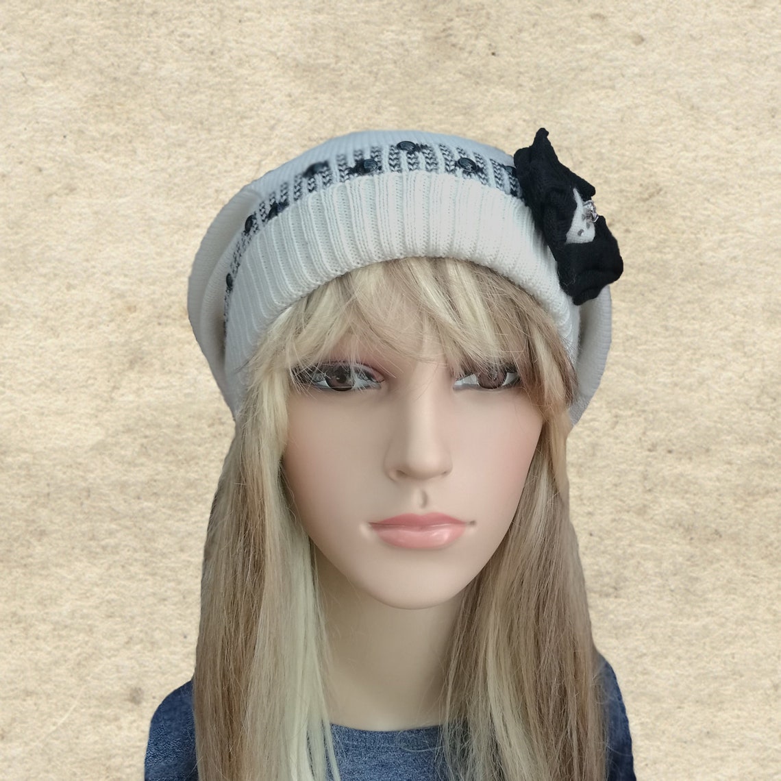 Boho Knit Beret Hat, Slouchy Beanie Hats, Knit Slouch Beret, White