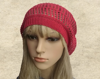 Red Lace Cotton Beret: Knitted Slouch Summer Hat