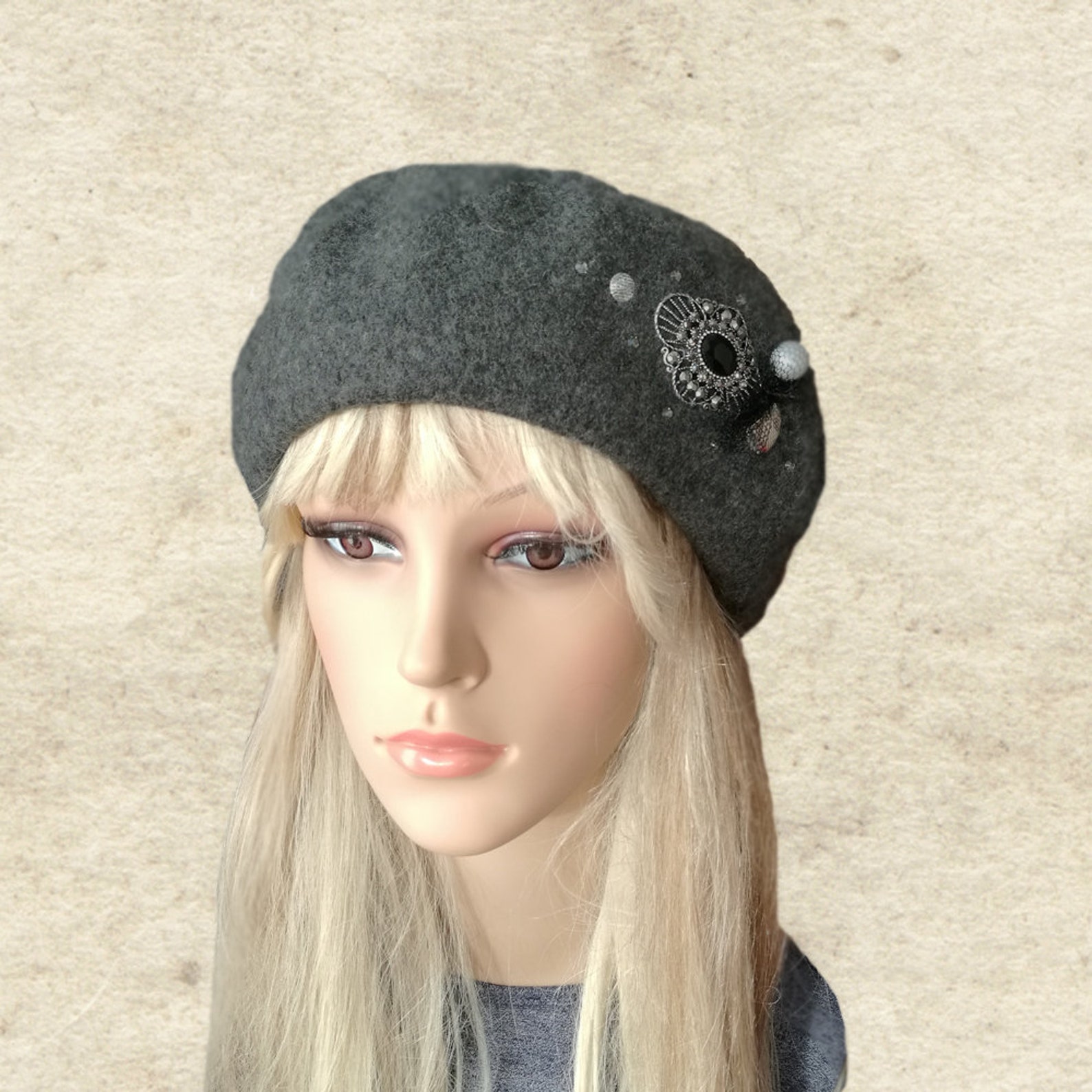Felt Beret Hat, Women's Felted Beret, Gray Wool Beret, Winter Felt Hat