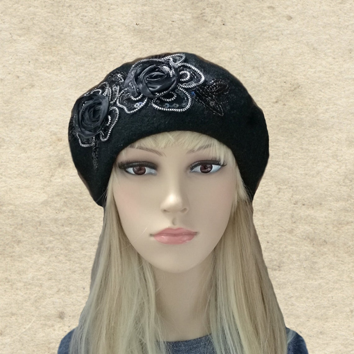 Black Felt Beret, Women's Wool Beret, Winter Felted Beret, Felt Beret
