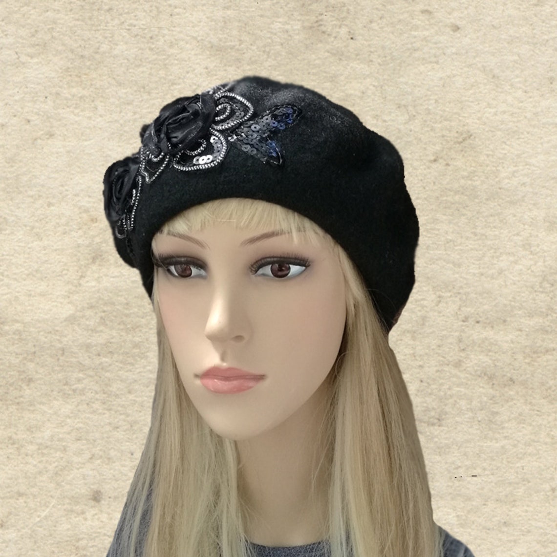 Black Felt Beret, Women's Wool Beret, Winter Felted Beret, Felt Beret