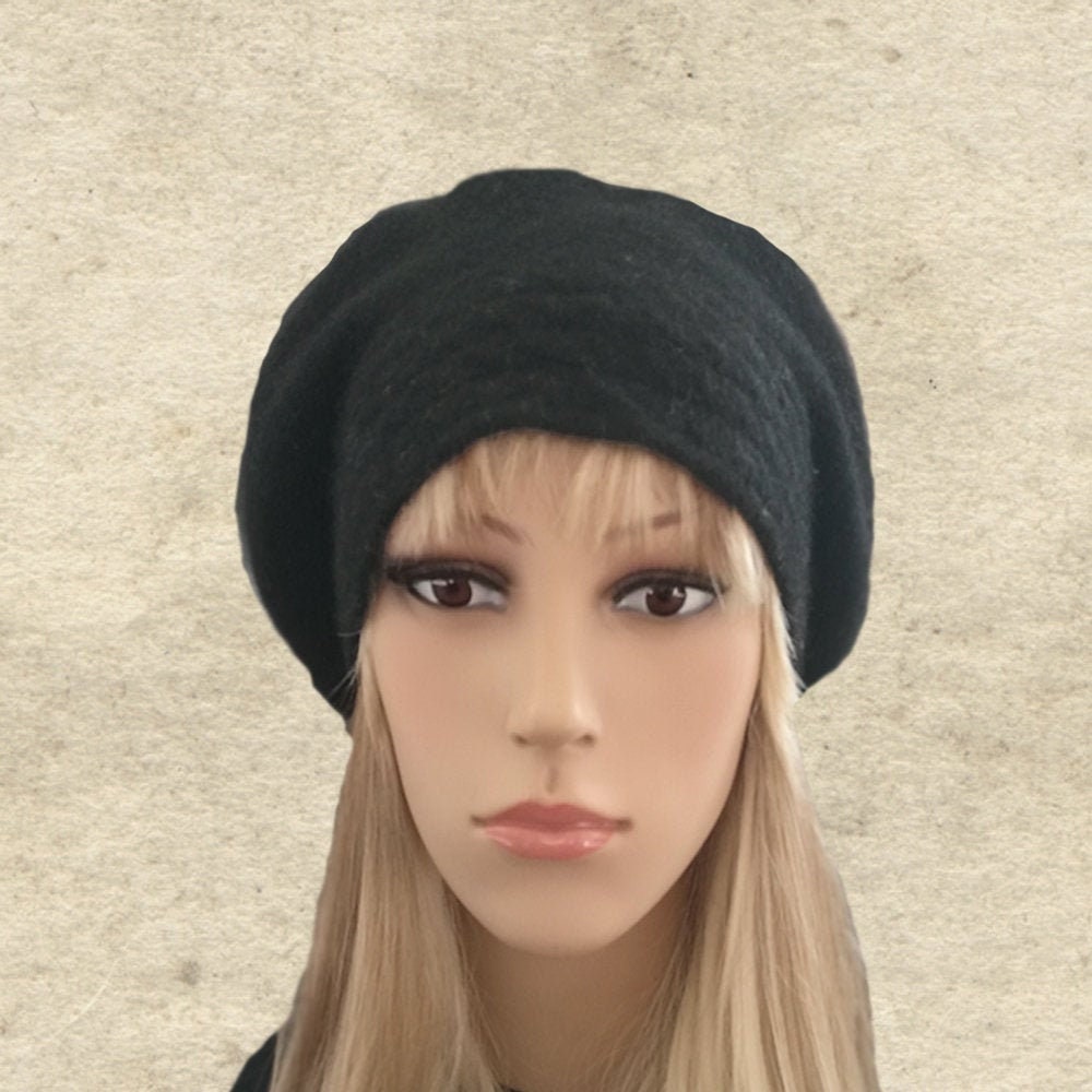 Black Slouchy Beret Black Felted Beret 