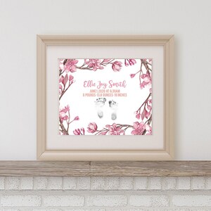 Personalized Baby Footprint Gift | Baby Announcement Birth Stats, Nursery Art New Mom Gift, New Baby Gift, Cherry Blossom Printable Art