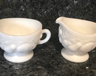Westmoreland  Della Robbia Milk Glass Open Sugar Bowl & Creamer Set 1930's