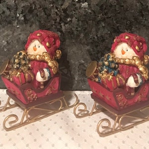 Snowman on a Sleigh Hand Painted Resin Figurines Set of 2
