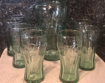 Coca Cola Green Glass Pitcher and Set of 8 Glass Cups