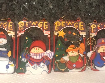 Snowman Metal Set of 4 Christmas Ornaments / Wall Decor / Wall Plaque