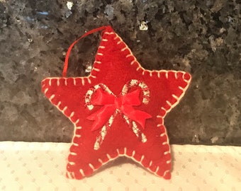 Red & White Candy Cane Star Shaped Hand Crafted Ornament