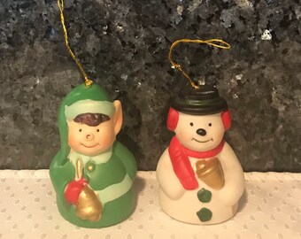 Giftco 1985 Hand Painted Porcelain Bisque Elf & Snowman Set of 2 Vinatge Christmas Ornaments