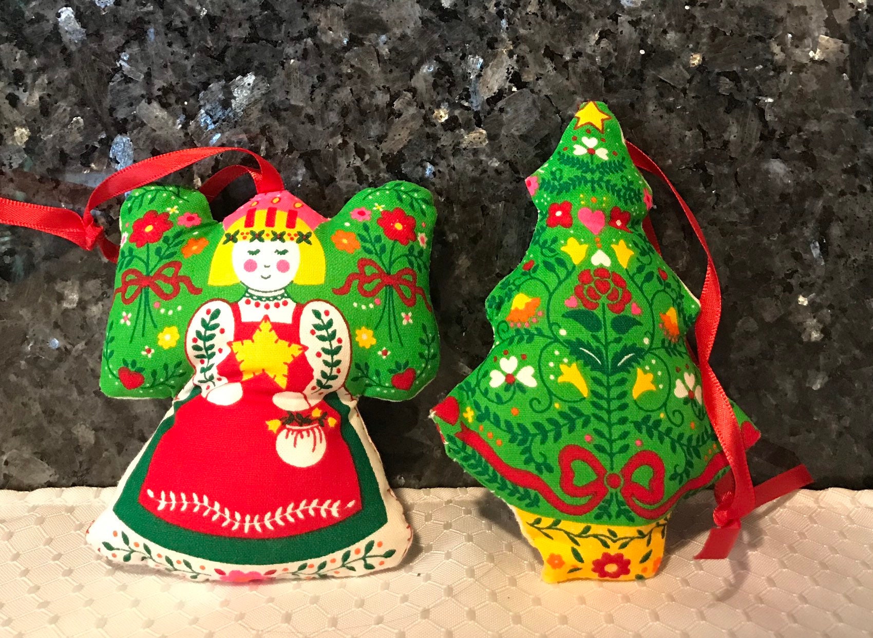 Hand Crafted Sewn Fabric Angel & Christmas Tree Ornaments
