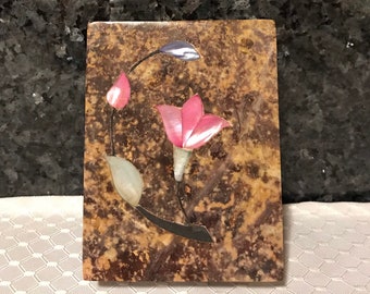Soap Stone Brown Mother of Pearl Flower Inlay Trinket/Jewelry Box