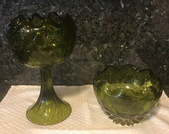 Vintage Green Small & Tall Compote Matching Diamond Duette Pattern Pedestal Bowls By Indiana Glass