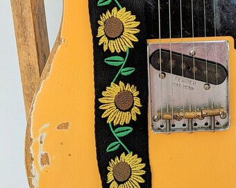 Guitar Strap Sunflower EMBROIDERED custom made Bass/Electric/Acoustic gift for Graduation, musician, Dad, friend, band, teacher