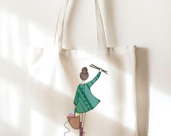 Embroidered Knitting Project Tote Bag, Gone Knitting Canvas Bag